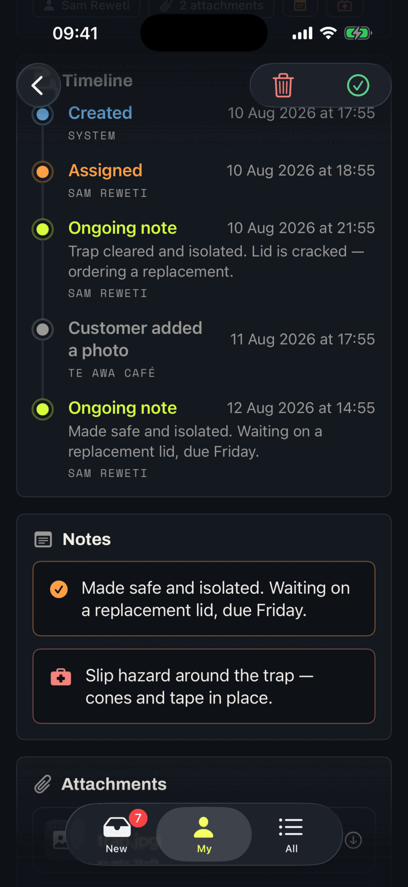 The timeline card in the app: created, assigned, an ongoing note from the technician, a photo the customer added from the portal, and a second note — each with a date, a time and a name.