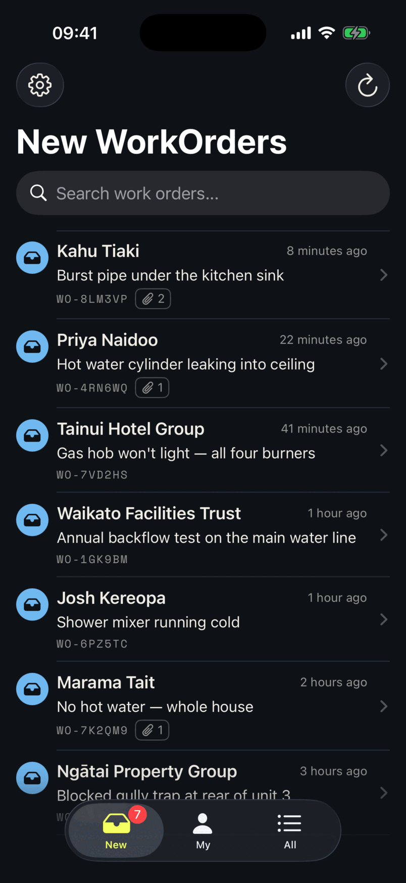 The app's New WorkOrders list: seven unclaimed jobs, each with the customer, what is wrong, a WO- reference, how long ago it arrived and how many files came with it.